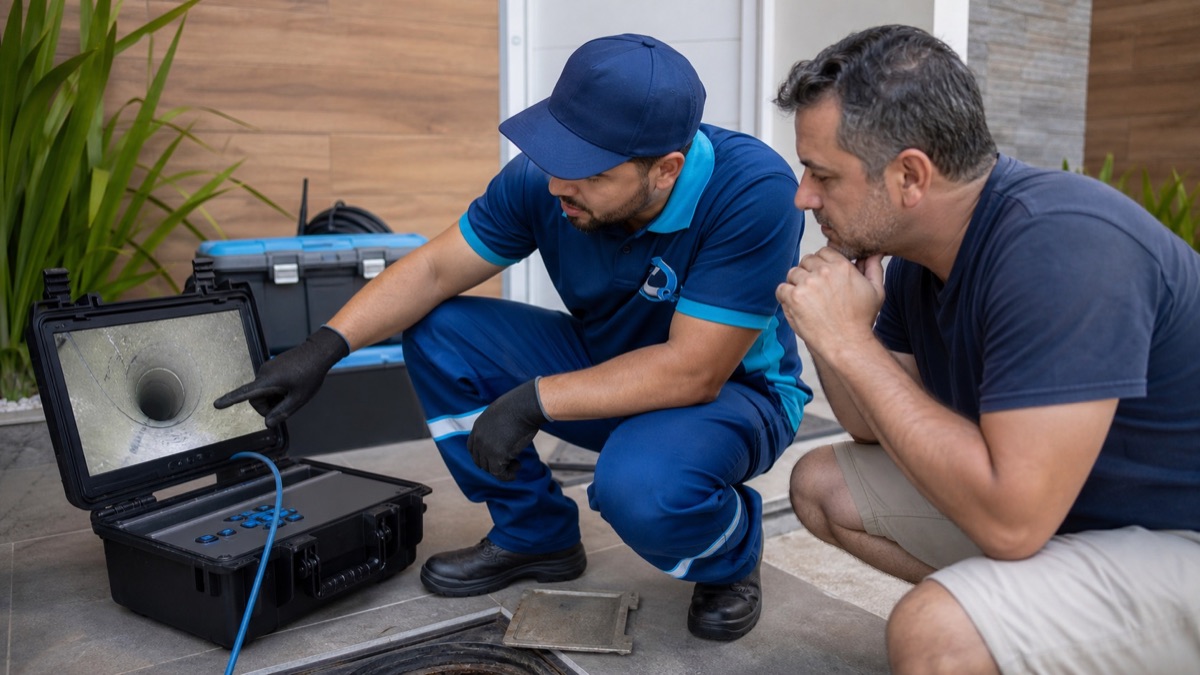 Técnico mostrando inspeção com câmera para cliente em Camboriú