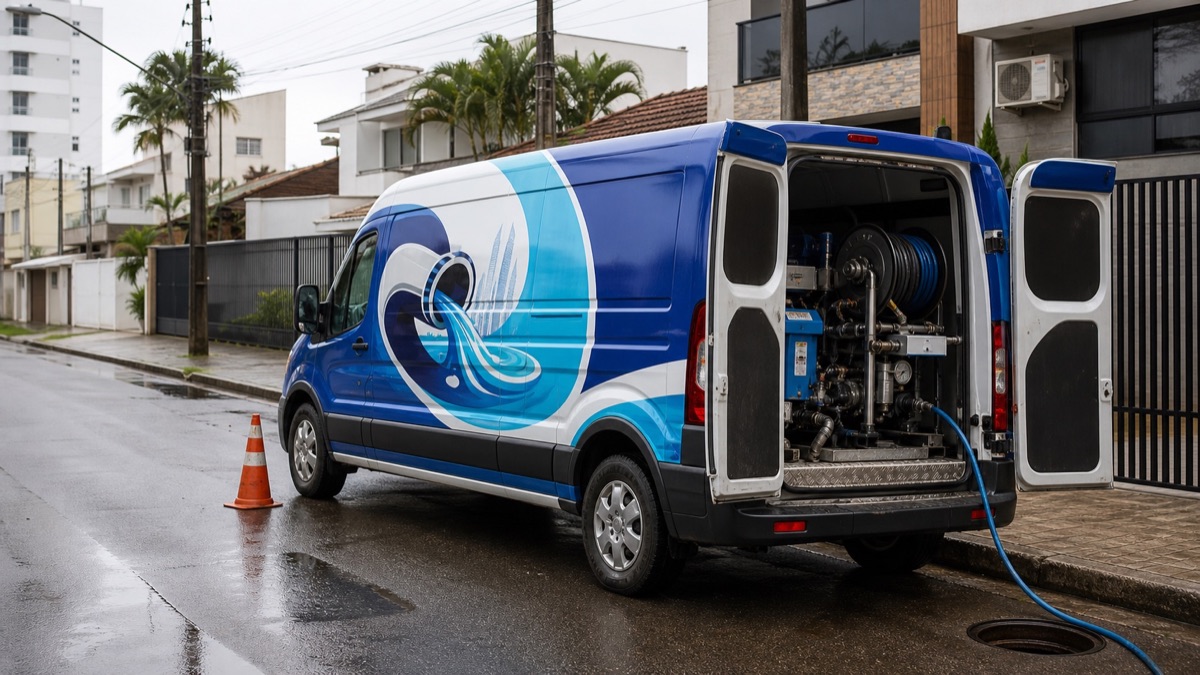 Van de desentupidora preparada para atendimento em Camboriú
